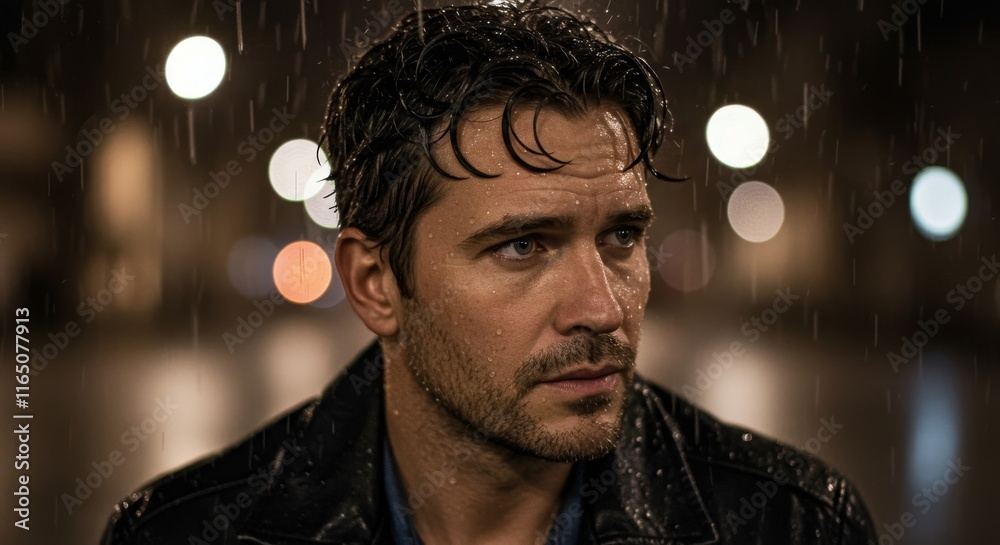 Pensive man in rain with bokeh city lights at night Pensive man in rain with bokeh city lights at night