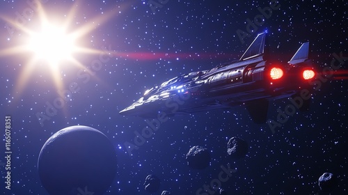 Wallpaper Mural Spaceship flying past a planet and asteroids, with a bright star in the background. Torontodigital.ca