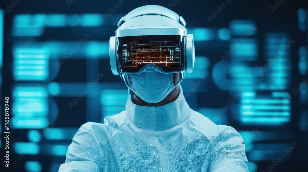 A futuristic figure in a high-tech suit and VR headset stands against a digital backdrop, embodying advanced technology and virtual reality. A futuristic figure in a high-tech suit and VR headset stands against a digital backdrop, embodying advanced technology and virtual reality.