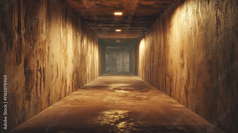 Abstract Modern Concrete Hallway with Dim Ceiling Lights Abstract Modern Concrete Hallway with Dim Ceiling Lights