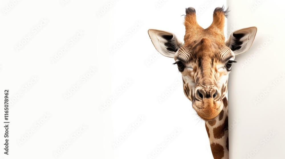 Fototapeta premium A close-up of a giraffe peeking around a white surface, showcasing its unique features.