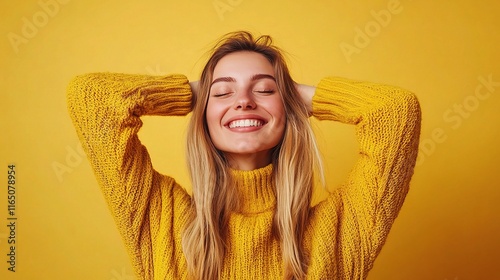 Cheerful Young Woman Smiling Brightly at Home with a Yellow Background