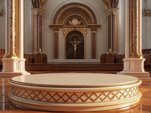 Ceremonial event podium in church realistic stage mockup interior design warm ambiance centered perspective