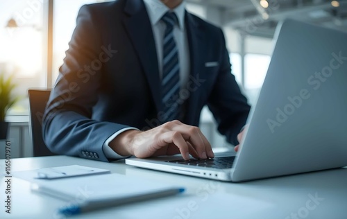 A professional working on a laptop in a modern office environment focusing on productivity and technology during the day