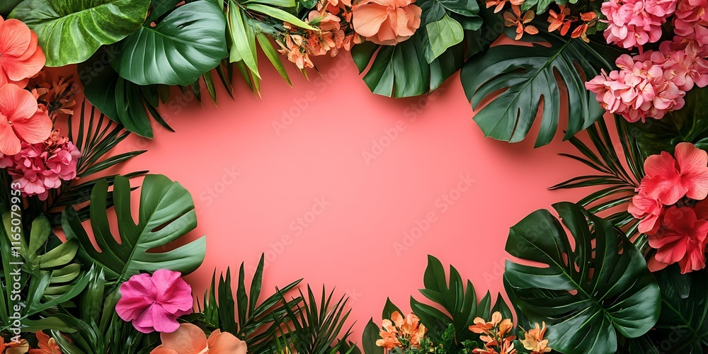 Vibrant tropical flowers and leaves frame a coral background. Vibrant tropical flowers and leaves frame a coral background.