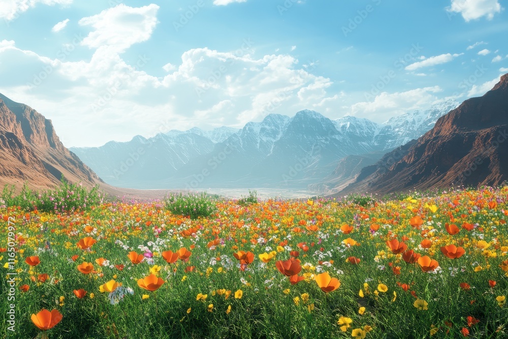 Fototapeta premium Vibrant Wildflower Meadow Showcasing Colorful Blooms Under a Clear Blue Sky in a Mountainous Landscape