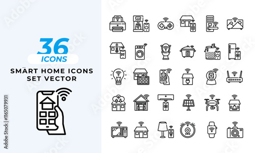 A set of line icons related to Smart Home Icons. appliances, automation, building, button, computer, connected, control, and so on others.