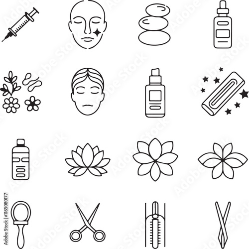  A set of labeled cosmetology-themed icons in vector silhouette line art style, featuring symbols for beauty therapy, wellness, and anti-aging treatments..