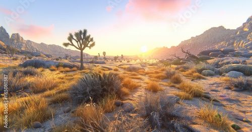 A serene desert landscape at sunset, showcasing natural beauty and tranquility.