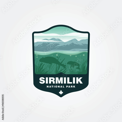 sirmilik national park of canada vintage logo illustration design, silhouette of beluga whale design.