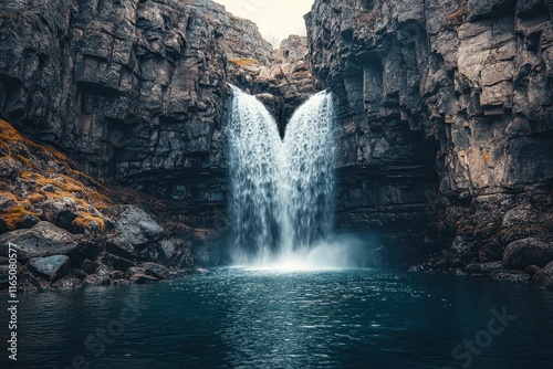 Majestic Waterfall Cascades Between Rugged Cliffs in a Tranquil Mountain Setting Under a Cloudy Sky