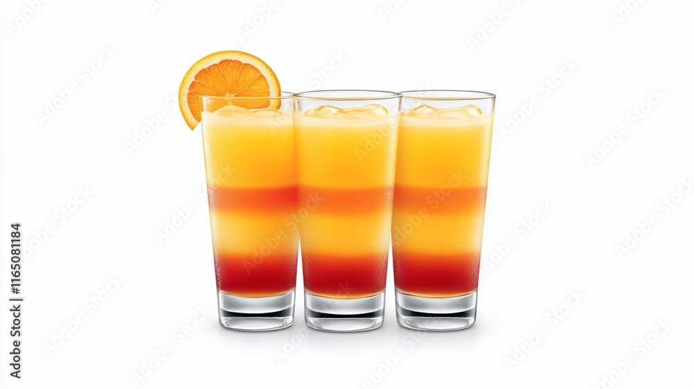 Three layered orange and red cocktails with ice and orange slice. Three layered orange and red cocktails with ice and orange slice.