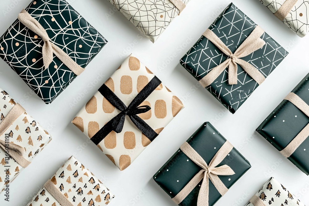 Fototapeta premium Elegant gift wrap mockup featuring a selection of patterned wrapping paper displayed on a pristine studio surface, ideal for highlighting festive designs in promotional materials.