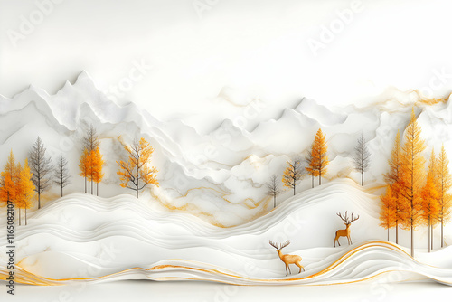 Serene Autumnal Landscape, Marble Mountains, Golden Trees, and Graceful Deer Roam Freely in a Peaceful Setting.