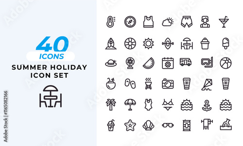 A set of line icons related to Summer Holiday Icons.  beach, filled line, flat, glyph, holiday, hotel, icon, icons, icons set, illustration, line, and so on others.