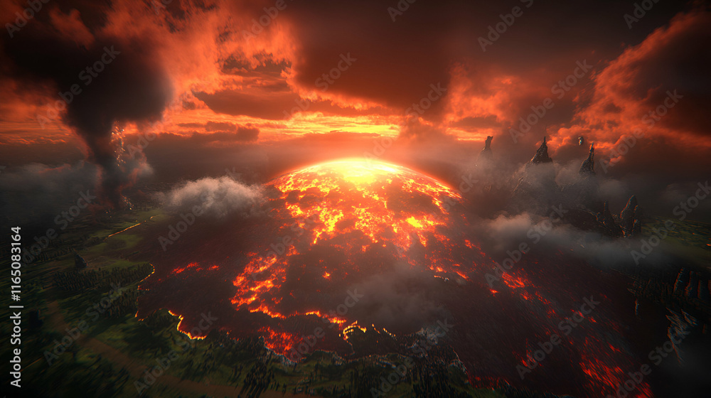 Fototapeta premium Fiery Planet, Molten Core Engulfs Landscape During Sunset, Volcanic Eruption Creates Apocalyptic Scene