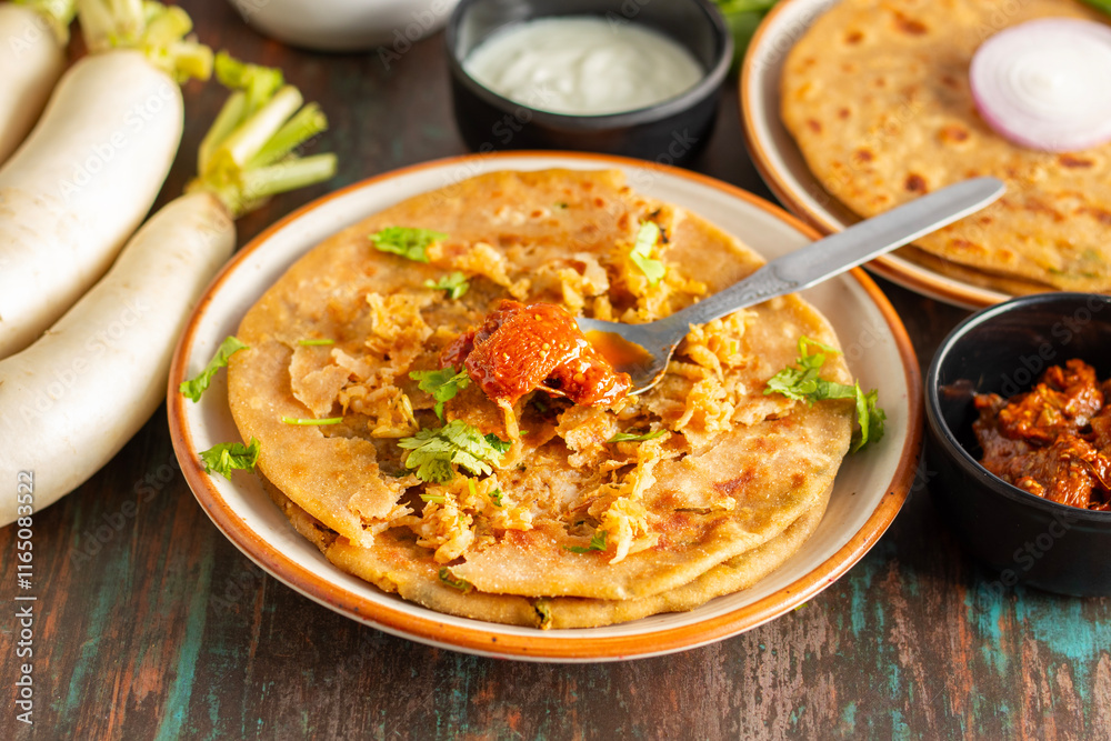 Mooli paratha is a stuffed Indian flatbread made with grated radish, whole wheat flour, and spices, offering a flavorful, nutritious, and wholesome meal. Mooli paratha is a stuffed Indian flatbread made with grated radish, whole wheat flour, and spices, offering a flavorful, nutritious, and wholesome meal.
