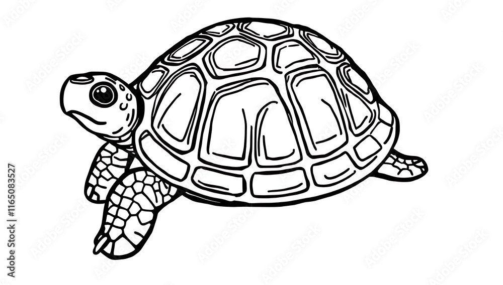 Fototapeta premium A thick-lined doodle of a turtle with a detailed shell pattern, drawn in simple black outlines with no fill color, on a plain white background.