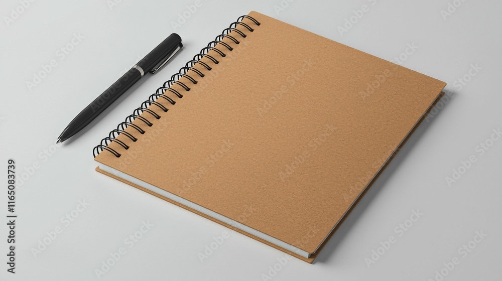 Isolated spiral notebook mockup on a pristine white background featuring lifelike pages and a pen, perfect for graphic design branding and stationery presentations.