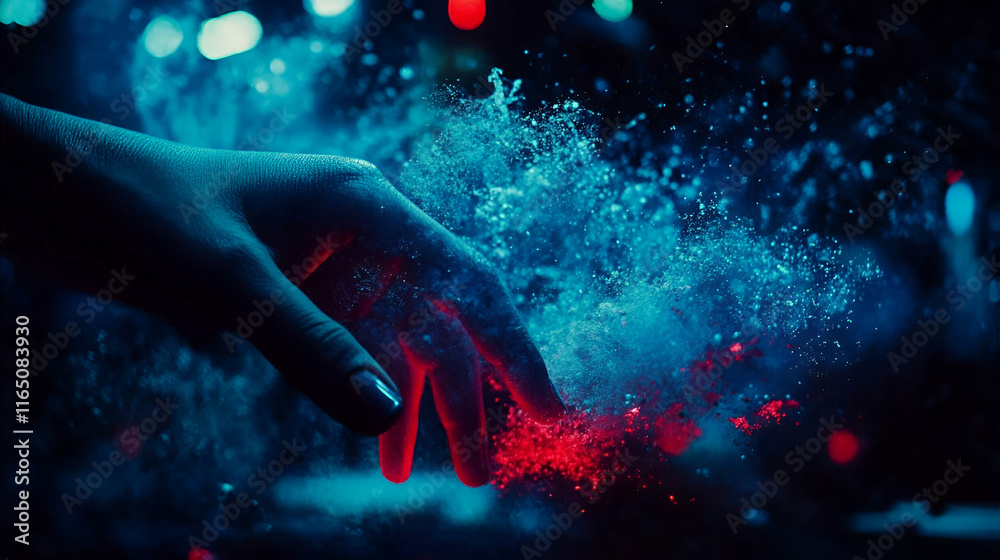Hand in Vibrant Blue and Red Powder Burst, Mysterious Night Scene Hand in Vibrant Blue and Red Powder Burst, Mysterious Night Scene