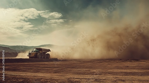 Heavy Machinery in Motion at Dusty Mining Site Under Dynamic Sky photo