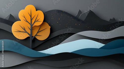 Autumnal Tree in Papercut Landscape, Mountains and Wavy Hills, Serenity, Peaceful