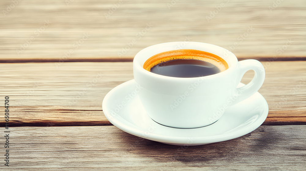 Espresso Coffee in White Cup on Rustic Wood, Aromatic Brew Enjoyed Calmly in Morning Sunlight Espresso Coffee in White Cup on Rustic Wood, Aromatic Brew Enjoyed Calmly in Morning Sunlight