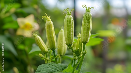 Lady�s finger plants growing outside photo