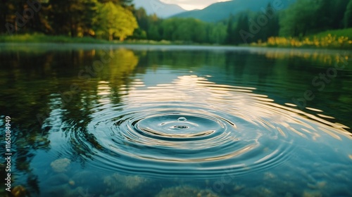 A slow-motion ripple in a crystal-clear mountain lake reflecting the sky