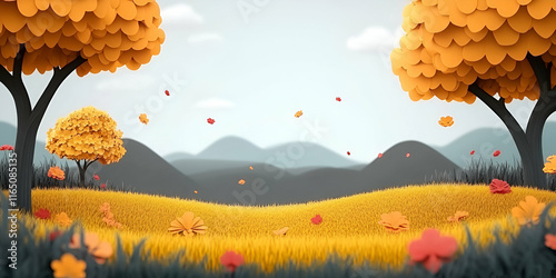 Autumnal Landscape, Golden Trees, Falling Leaves, Serene Hills