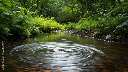 Swirling eddies of water in a calm stream surrounded by lush greenery