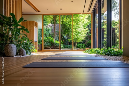 A yoga studio with a large window and a view of a garden