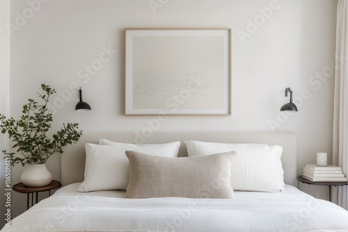 A white bed with a pillow and a framed picture on the wall