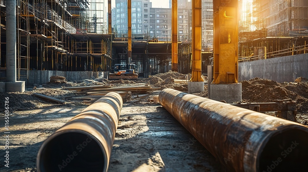 Urban Construction Site with Large Metal Pipes at Sunset Urban Construction Site with Large Metal Pipes at Sunset