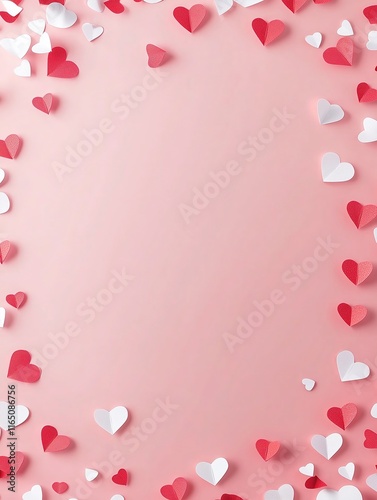 Red and white paper hearts bordering the edges, providing copy space for text, ideal for Valentine's Day cards, romantic invitations, and branding designs