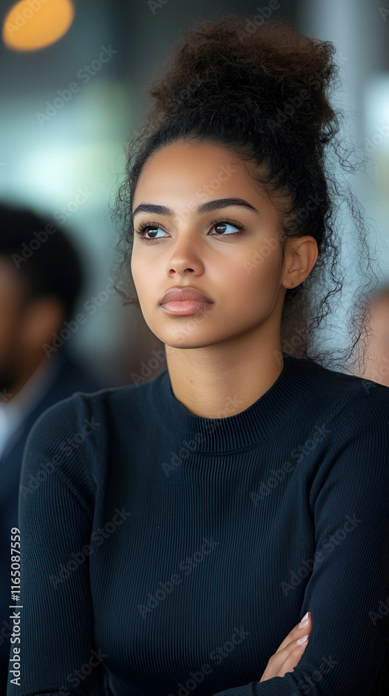 Woman with Curly Hair in Thoughtful Pose, Contemplating Future Plans with Confidence and Hope. Woman with Curly Hair in Thoughtful Pose, Contemplating Future Plans with Confidence and Hope.