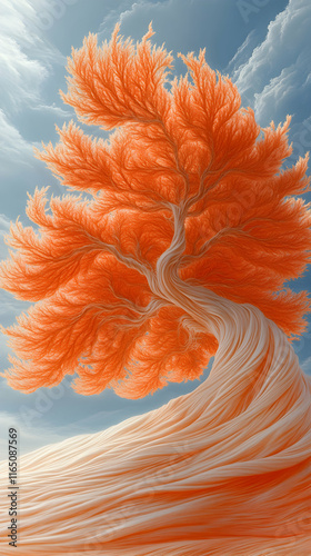 Abstract Orange Tree, Swirling Landscape, Dreamy Sky, Peaceful Scene, Digital Art