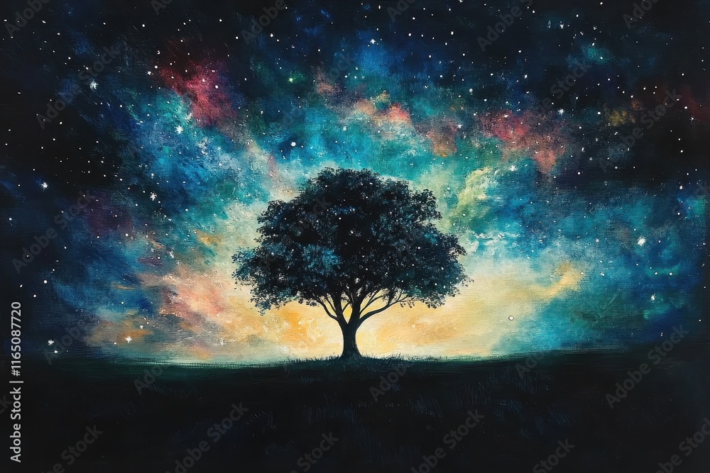 Colorful Cosmic Background With a Solitary Tree Under a Starry Sky Colorful Cosmic Background With a Solitary Tree Under a Starry Sky