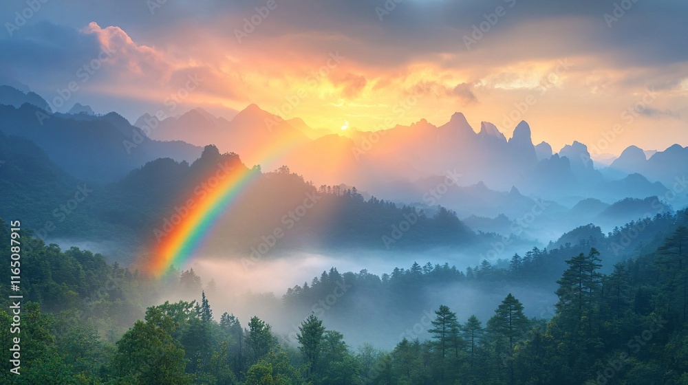 A soft rainbow reflecting through morning mist over a mountain valley A soft rainbow reflecting through morning mist over a mountain valley