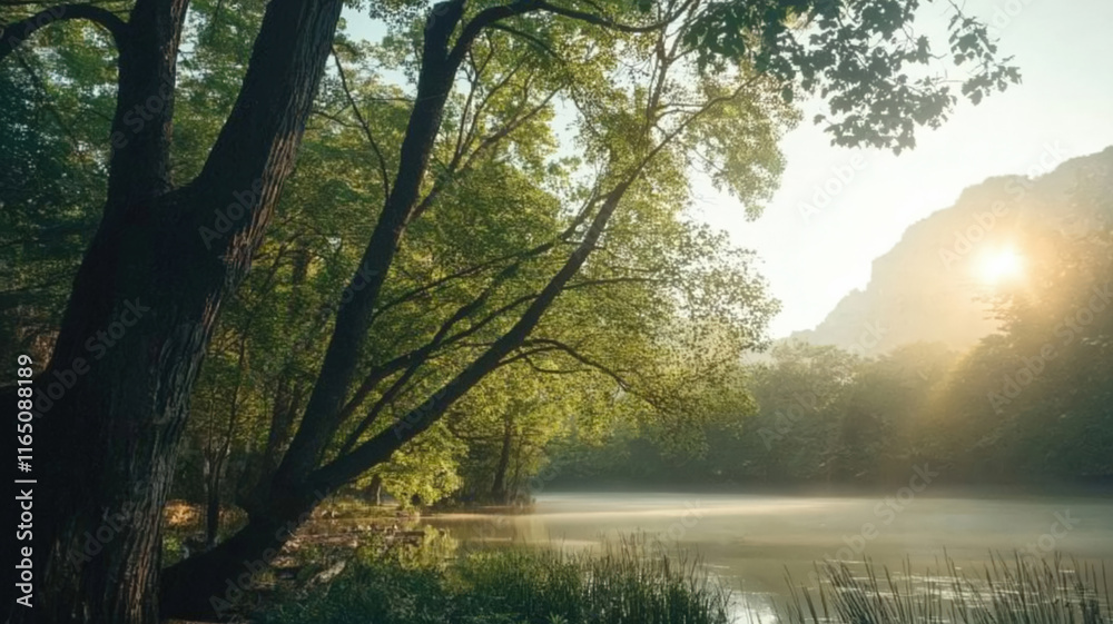 Fototapeta premium Sunrise over tranquil lake and forest