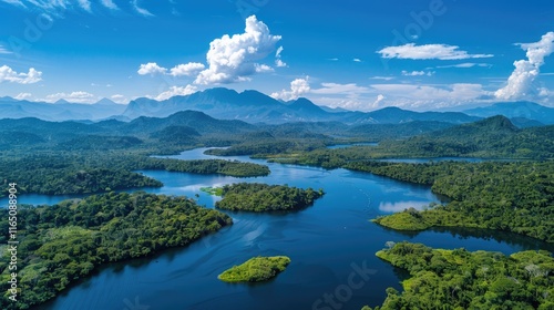 Aerial view of lush green landscapes and winding rivers under a clear blue sky.