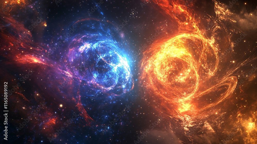 Fototapeta premium Cosmic nebula with blue and orange swirls.