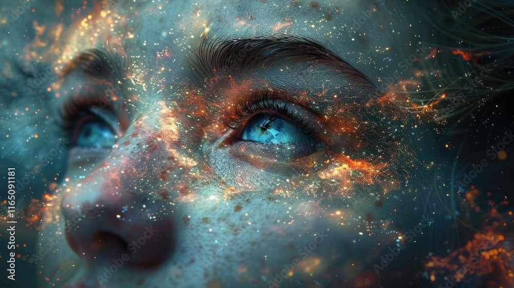 A close-up of a person's face with cosmic elements reflecting in their eyes. A close-up of a person's face with cosmic elements reflecting in their eyes.