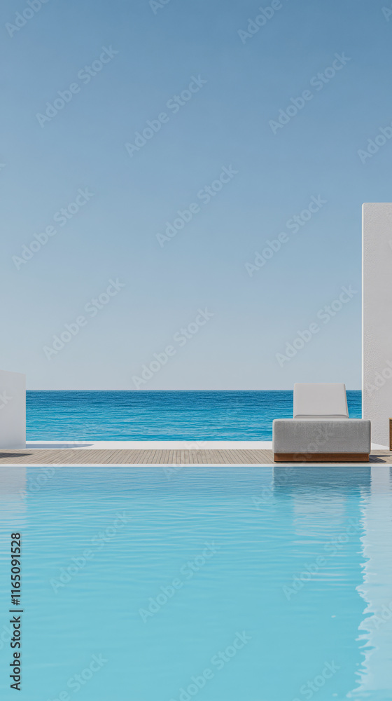Naklejka premium Relaxing retreat by the serene ocean with clear blue water and modern architecture