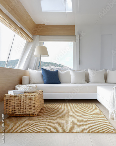 Cozy modern interior of a yacht with white furniture and natural light in a serene setting photo