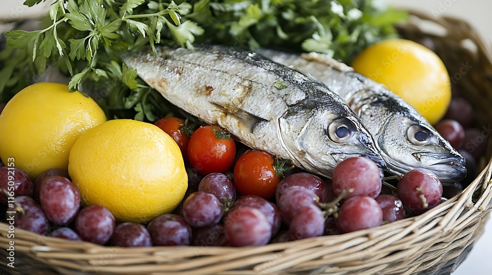Grilled fish, lemons, grapes, tomatoes, and parsley in a wicker basket. Grilled fish, lemons, grapes, tomatoes, and parsley in a wicker basket.