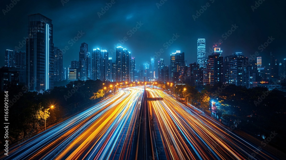 Fototapeta premium A futuristic cityscape with light trails of flying vehicles blending into the night