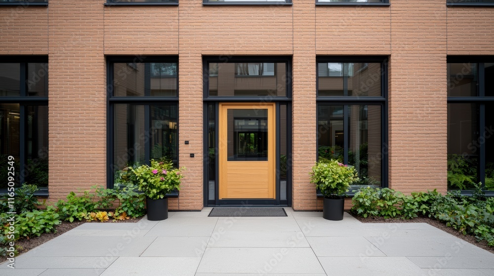 Obraz premium Modern office building entrance with large windows and plants