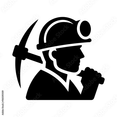 Monochrome Miner Icon Vector Featuring a Helmet and Pickaxe Silhouette for Industrial and Labor Design Themes