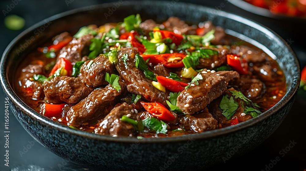 Spicy beef stew in a dark bowl, garnished with chili peppers, green onions, and sesame seeds.